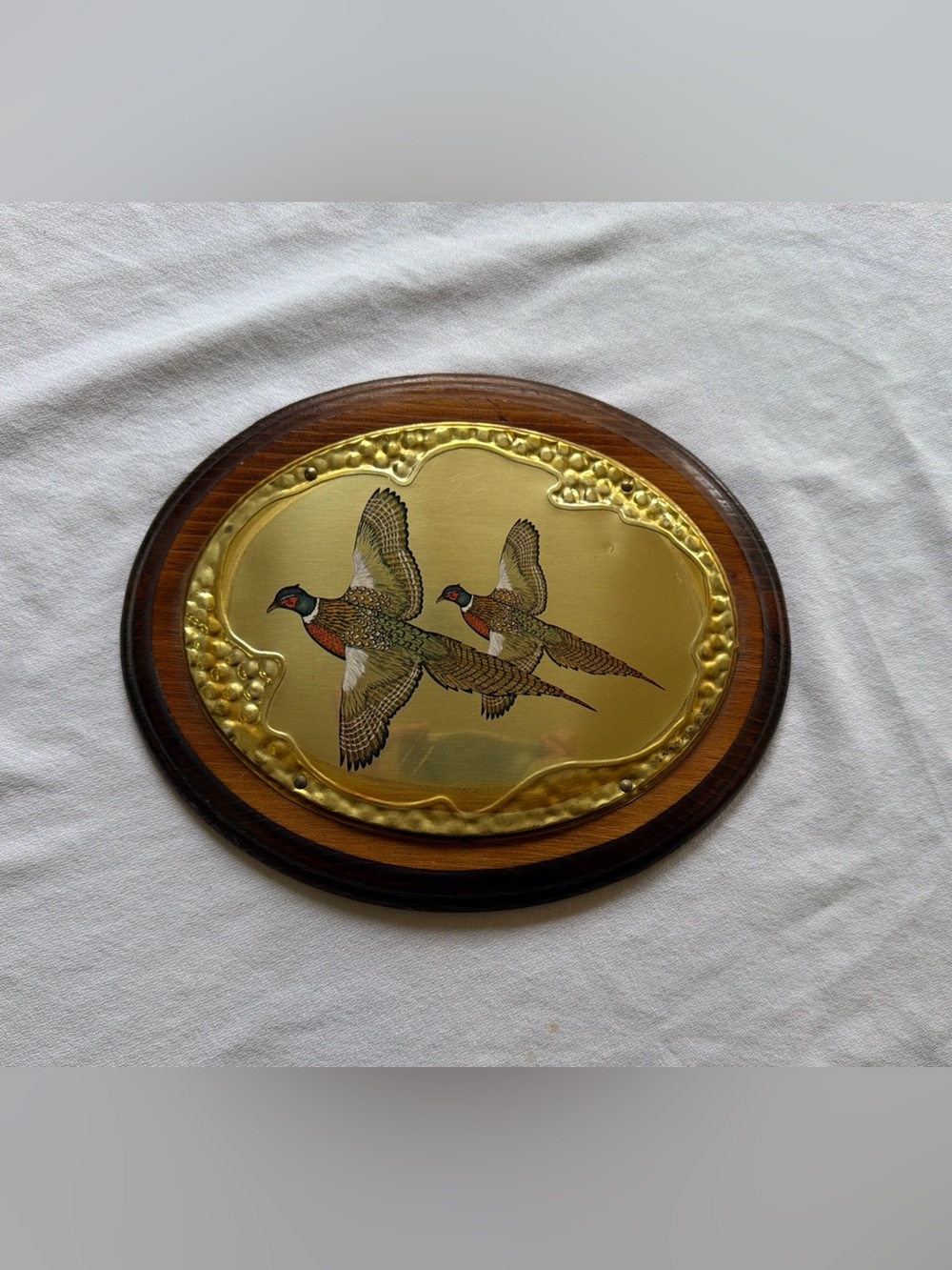 Vtg Brass Pheasant Birds in Flight Wood Wall Plaque-1970's